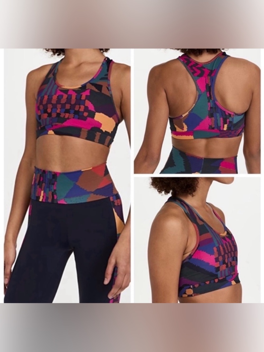 FARM Rio Geo-Print Racerback Sports Bra in Pink, Purple, Teal, Orange